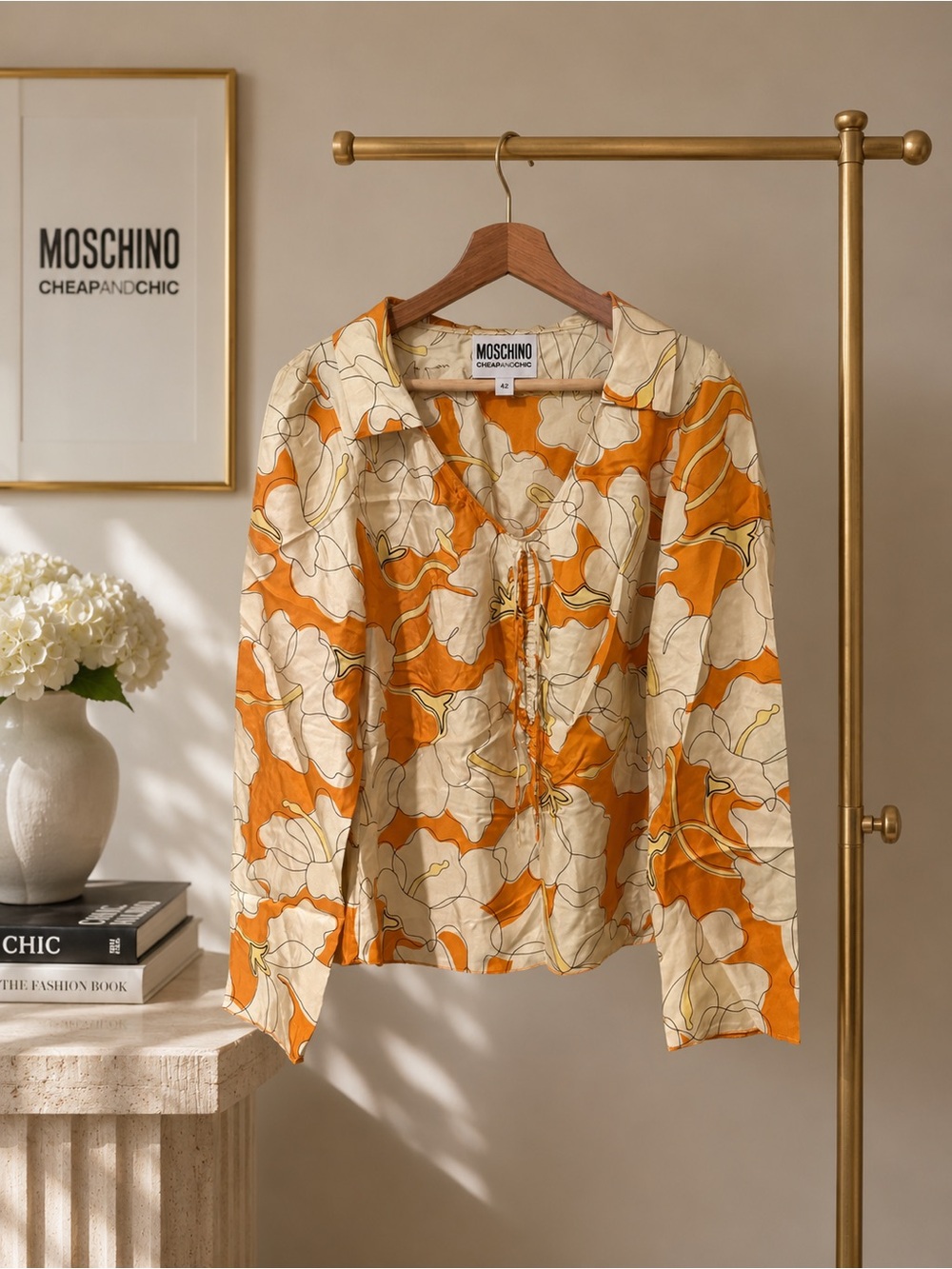 Vintage Moschino Cheap & Chic Orange Psychedelic Floral Drawstring Blouse M NWOT